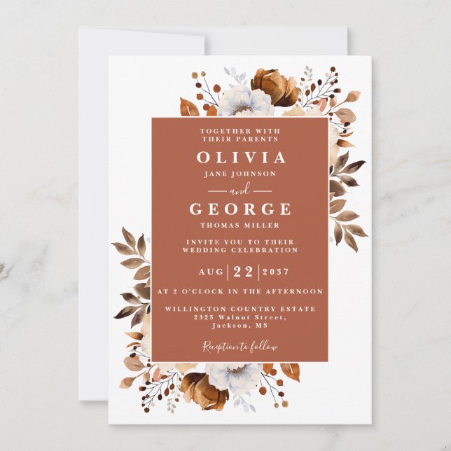 Terracotta Rustic Floral QR Code Wedding Einladung (Vorderseite)
