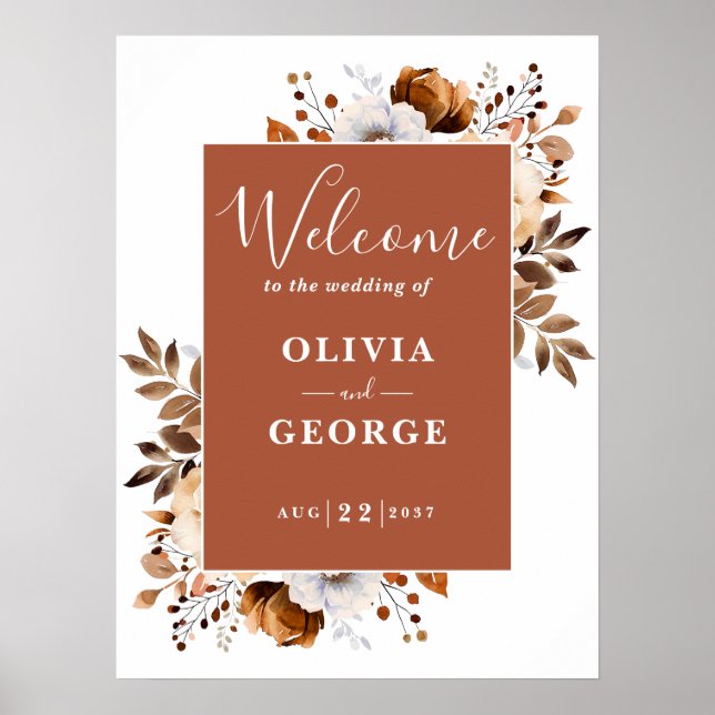 Terracotta Rustic Floral Wedding Willkommenszeiche Poster (Vorne)