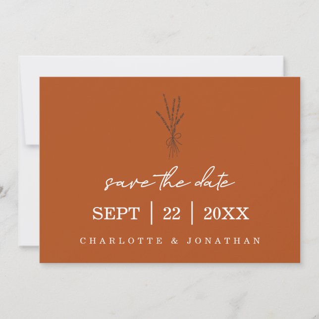 Terracotta Rustic Moderne handgeschriebene Hochzei Save The Date (Vorderseite)