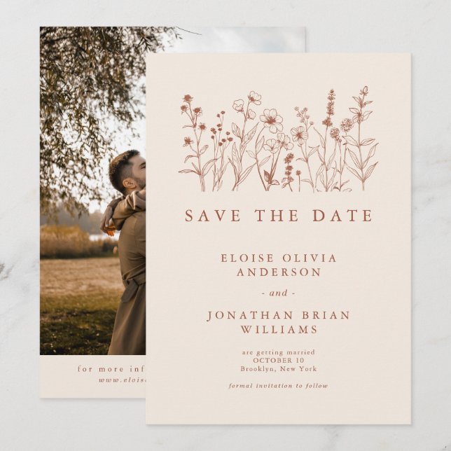 Terracotta Rustikale Wildblume Foto Save The Date (Vorne/Hinten)
