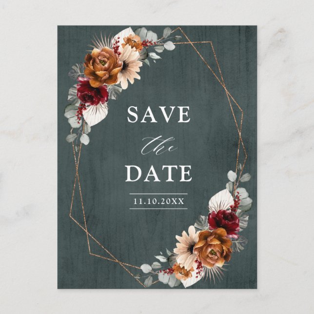 Terracotta Sage Burgund Bloral Geometric Wedding Postkarte (Vorderseite)
