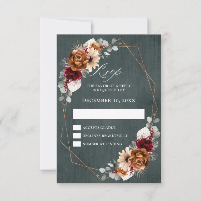 Terracotta Sage Burgund Bloral Geometric Wedding RSVP Karte (Vorderseite)