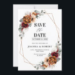 Terracotta Sage Burgund Bloral Geometric Wedding Save The Date<br><div class="desc">Elegantes Rotes Burgund,  Terracotta ,  Orange erthy floral Thema Hochzeit speichern die Dattelkarte mit elegantem Bouquet von Marsala,  Terracotta Rose Pfannkuchen und Salbei grünen Eukalyptus-Blätter. Bitte kontaktieren Sie mich für Hilfe bei der Anpassung oder wenn Sie ein anderes Produkt mit diesem Design benötigen.</div>