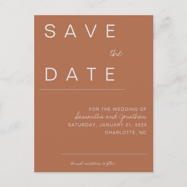 Terracotta Save the Date Ankündigungspostkarte (Vorderseite)