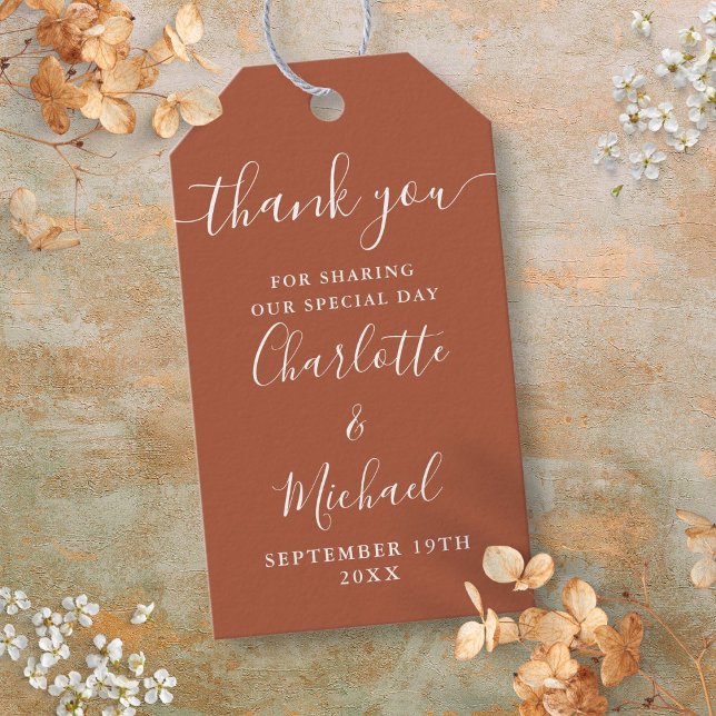 Terracotta Script Dankeschön Gastgeschenk Hochzeit Geschenkanhänger (Terracotta Script Thank You Wedding Favour Gift Tags)