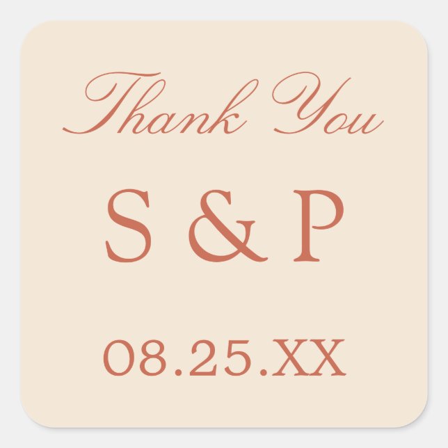 Terracotta Script-Gastgeschenk Hochzeit Quadratischer Aufkleber (Vorderseite)