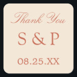 Terracotta Script-Gastgeschenk Hochzeit Quadratischer Aufkleber<br><div class="desc">Terracotta Script Gastgeschenk Hochzeit Sticker,  bitte personalisieren Sie mit den Initialen des Paares und das Datum der Hochzeit,  mit der Online-Personalisierung Vorlage vor der Bestellung.</div>