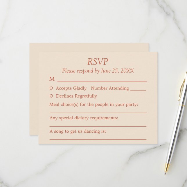 Terracotta Script Guest Choices Wedding RSVP Card Karte (Vorderseite/Rückseite Beispiel)