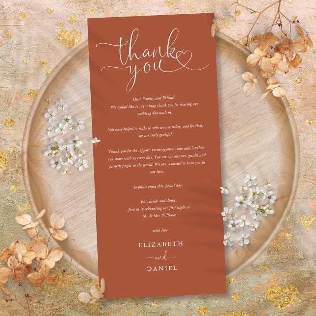 Terracotta Script Wedding Danke Platzkarte Menükarte (Terracotta Script Wedding Thank You Place Card)