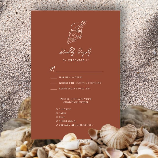 Terracotta Seashell Beach Hochzeit in Urlaubsort RSVP Karte (Von Creator hochgeladen)