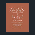 Terracotta Signature Script Wedding Einladungspostkarte<br><div class="desc">Diese elegante Terracotta Hochzeitseinladung Postcard mit ihren charakteristischen Stilnamen kann mit Ihren Informationen in schicker Schrift personalisiert werden. Entwickelt von Thisisnotme©</div>