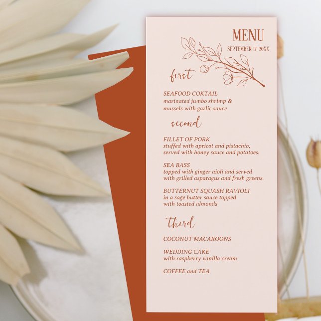 Terracotta Simple Boho Floral Wedding Menu Menükarte (Von Creator hochgeladen)