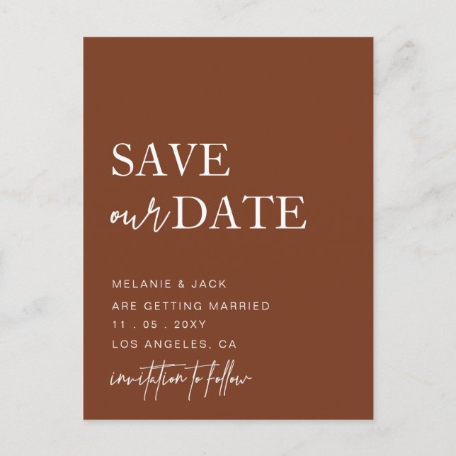 Terracotta Simple Calligraphy Save the Date Ankündigungspostkarte (Vorderseite)