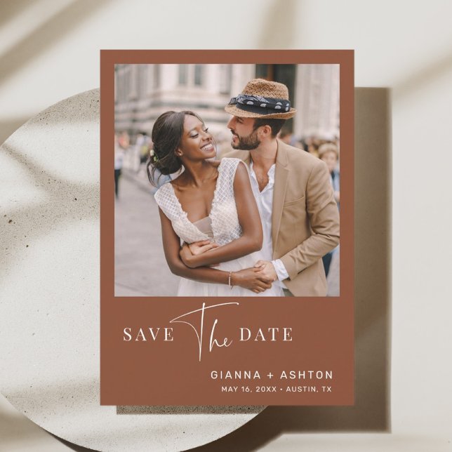 Terracotta Simple Modern Script Wedding Foto Save The Date (Von Creator hochgeladen)