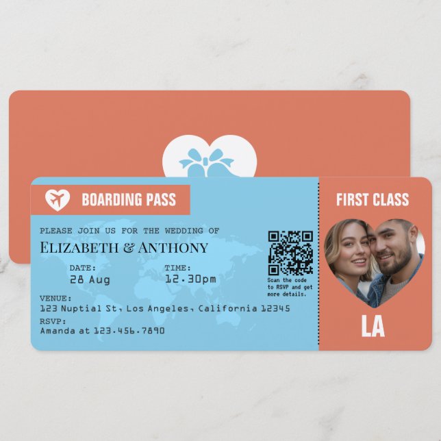 Terracotta & Sky Blue Boarding Pass Wedding Einladung (Vorne/Hinten)