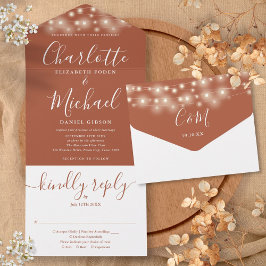 Terracotta String Lights Elegante Script Wedding All In One Einladung
