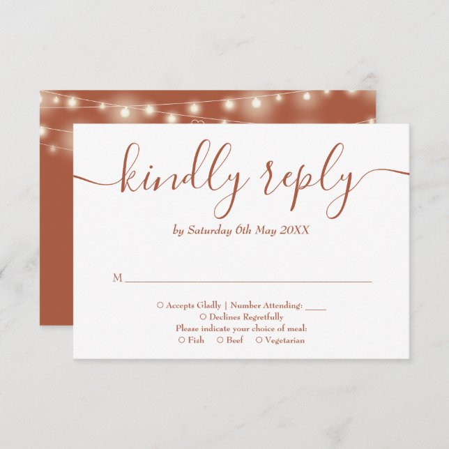 Terracotta String Lights Floral Wedding RSVP Karte (Vorne/Hinten)