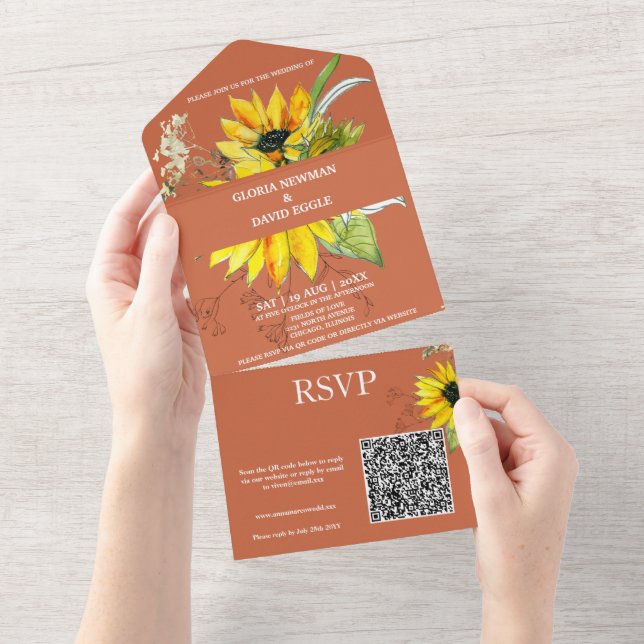 Terracotta Sunflower QR Code in einer Einladung (Abreißtisch)