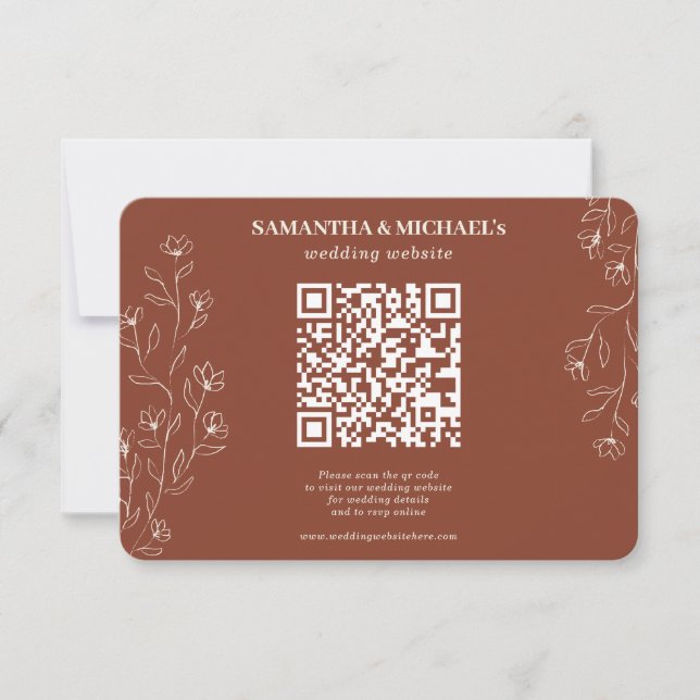 Terracotta Tiny Floral Qr Wedding Website Detail RSVP Karte (Vorderseite)