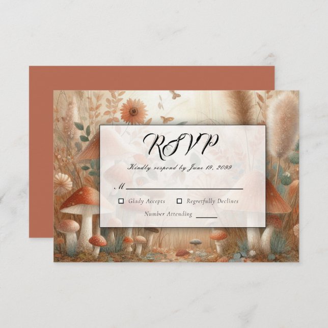 Terracotta Toadstool Magic Wedding RSVP Karte (Vorne/Hinten)