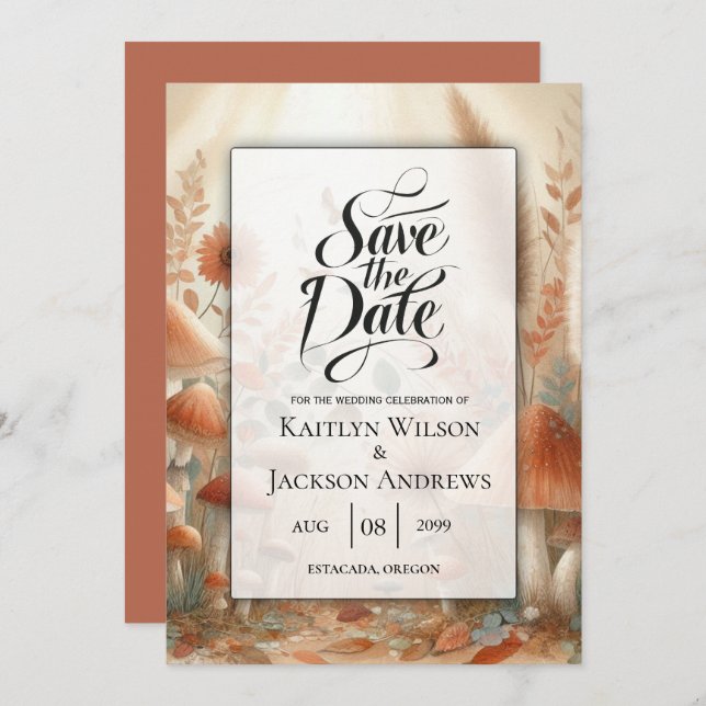Terracotta Toadstool Magic Wedding Save The Date (Vorne/Hinten)