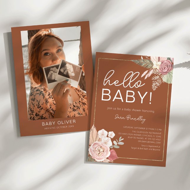 Terracotta Tropical Driving Watercolor Babydusche Einladung (Boho chic Terracotta Tropical Dried Watercolor Photo Baby Shower Invitation)