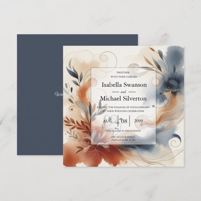Terracotta Twilight and Navy Blooms Wedding Einladung (Vorne/Hinten)
