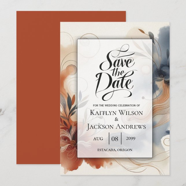 Terracotta Twilight und Navy Blogs Save the Date (Vorne/Hinten)