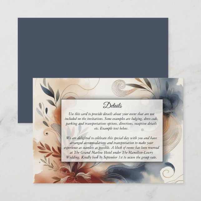 Terracotta Twilight und Navy Blooms Hochzeit Begleitkarte (Vorne/Hinten)