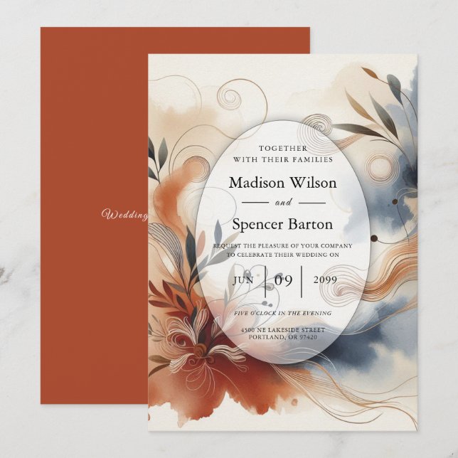 Terracotta Twilight und Navy Blooms Hochzeit Einladung (Vorne/Hinten)