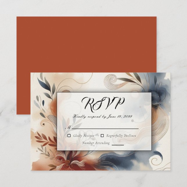 Terracotta Twilight und Navy Blooms Hochzeit RSVP Karte (Vorne/Hinten)