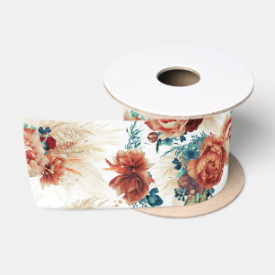 Terracotta und Aquamarin Blue Pampas Grass Floral  Satinband