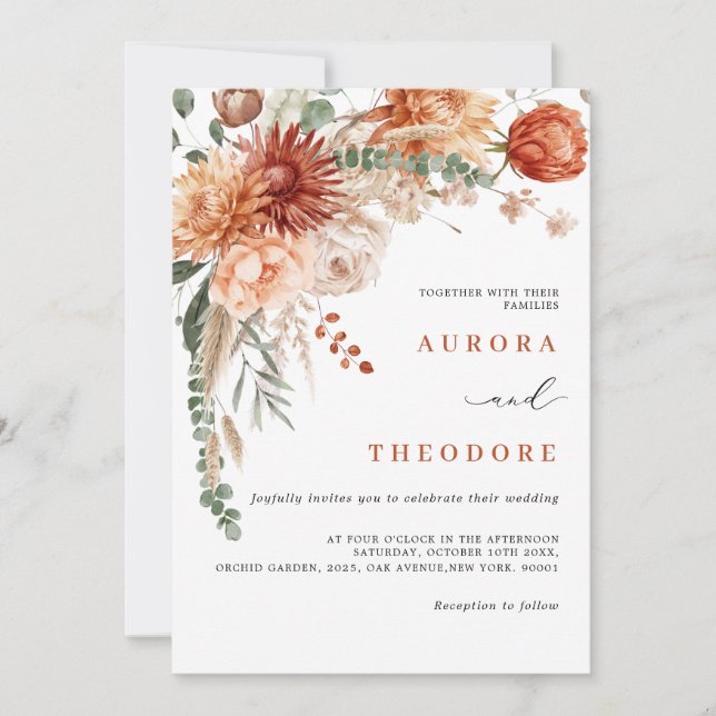 Terracotta und Emerald Green Rustic Floral Wedding Einladung (Vorderseite)