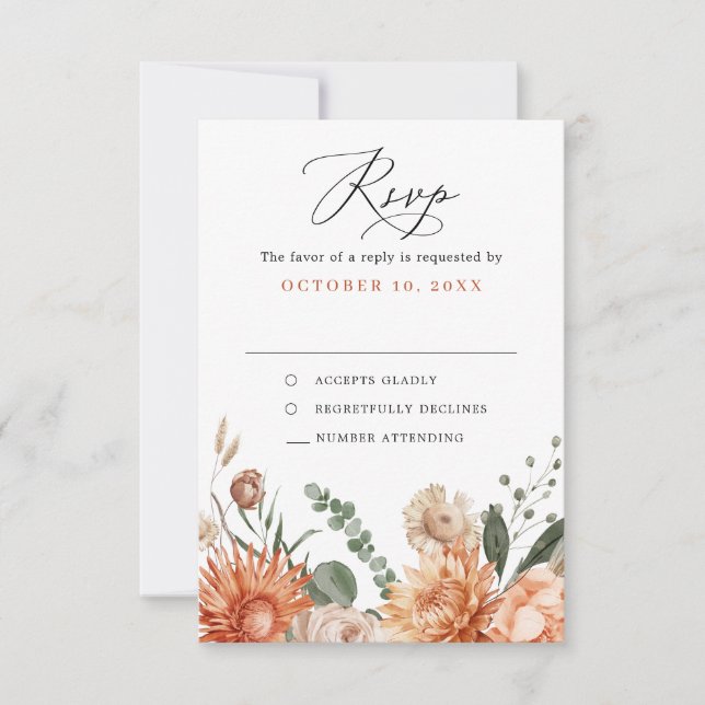 Terracotta und Emerald Green Rustic Floral Wedding RSVP Karte (Vorderseite)