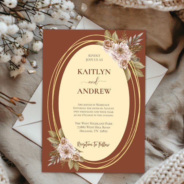 Terracotta und Gold Elegante Folieneinladung (Terracotta and Gold Foil Boho Chic Elegant Floral Rustic Watercolor Wedding Invitation)
