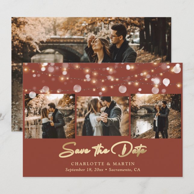Terracotta und Gold Wedding 4 Foto Save the Date (Vorne/Hinten)