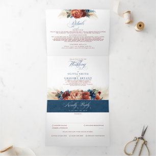Terracotta und Navy Blue Elegante Boho Wedding Dreifach Gefaltete Einladung
