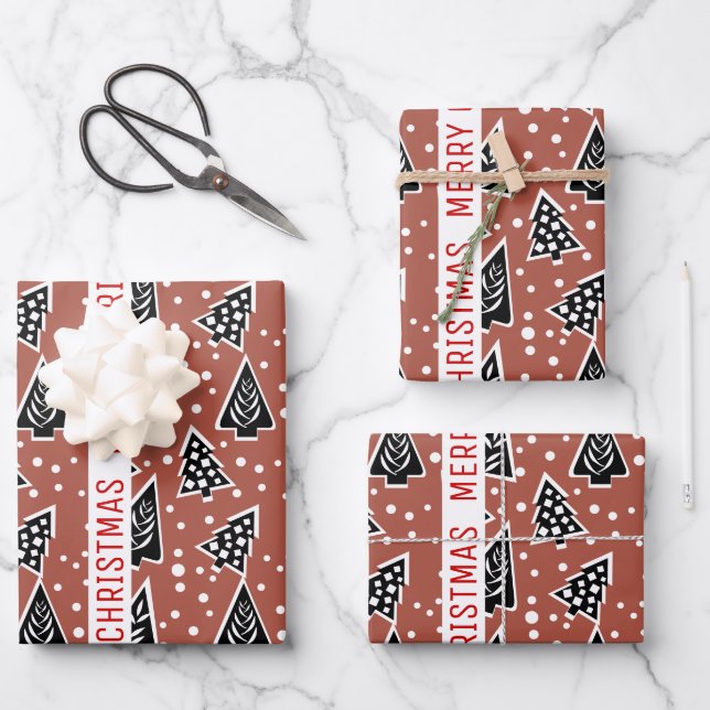 Terracotta und schwarz Mergende Weihnachtsbäume Ur Geschenkpapier Set (Vorderseite)