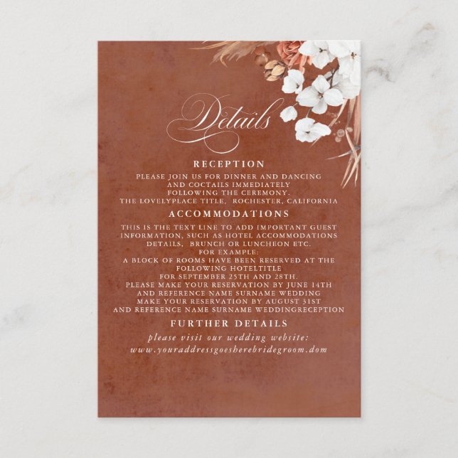 Terracotta und White Blume Boho Hochzeiten Details Begleitkarte (Vorderseite)