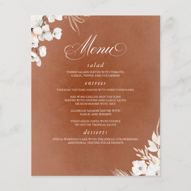 Terracotta und White Blume Boho Wedding Menu Flyer (Vorne)