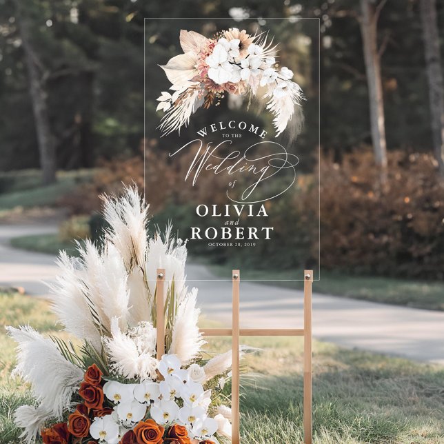 Terracotta und White Boho Blumenzehen Willkommen Acrylschild (Boho Floral Wedding Welcome Transparent Acrylic Sign)