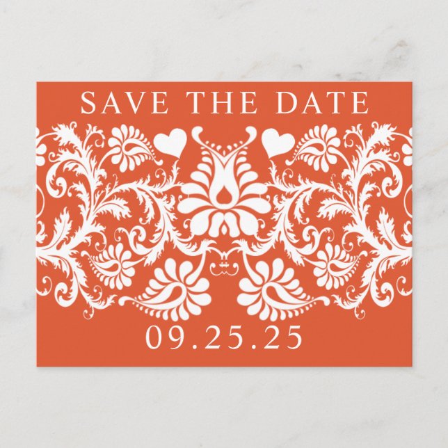 Terracotta Viktorianisch Floral Damask Save the Da Ankündigungspostkarte (Vorderseite)