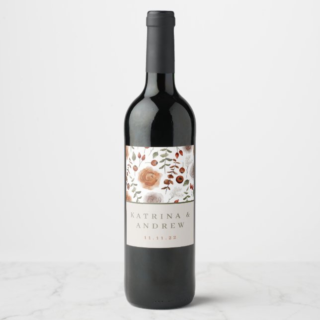 Terracotta Wasserfarbene Flora Weinkeller und Wein Weinetikett (Vorderseite)