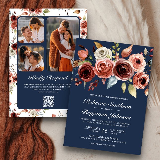 Terracotta Watercolor Floral Navy QR Code Hochzeit Einladung (Von Creator hochgeladen)