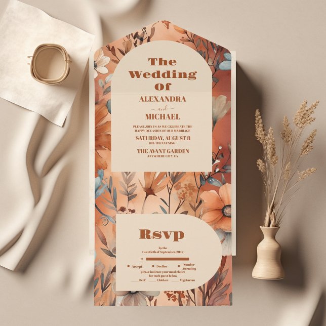 Terracotta Watercolor Wildflowers Wedding All In One Einladung (Von Creator hochgeladen)