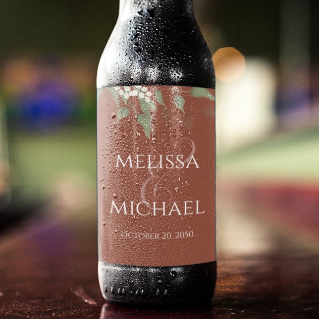 Terracotta Wedding Beer Label Bierflaschenetikett (Terracotta elegant greenery calligraphy ampersand beer bottle label.)