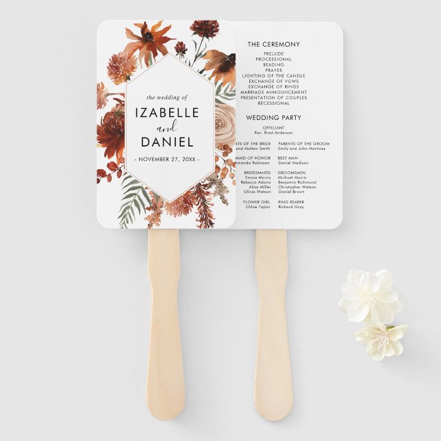 Terracotta Wedding Floral Rustic Programm Hand Fan Fächer (Vorne und Hinten)