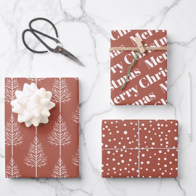 Terracotta Weihnachten, Bäume, Polka Punkte Urlaub Geschenkpapier Set (Vorderseite)
