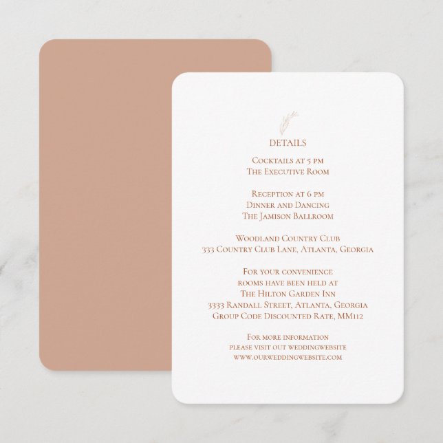Terracotta Weißes Hochzeitsempfang Details Begleitkarte (Vorne/Hinten)