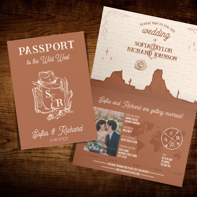 Terracotta Western Wedding Destination Passport Einladung (Von Creator hochgeladen)